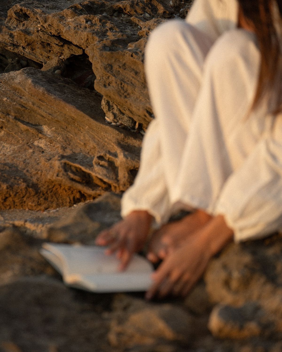 Hands resting on an open journal on sun-warmed rocks