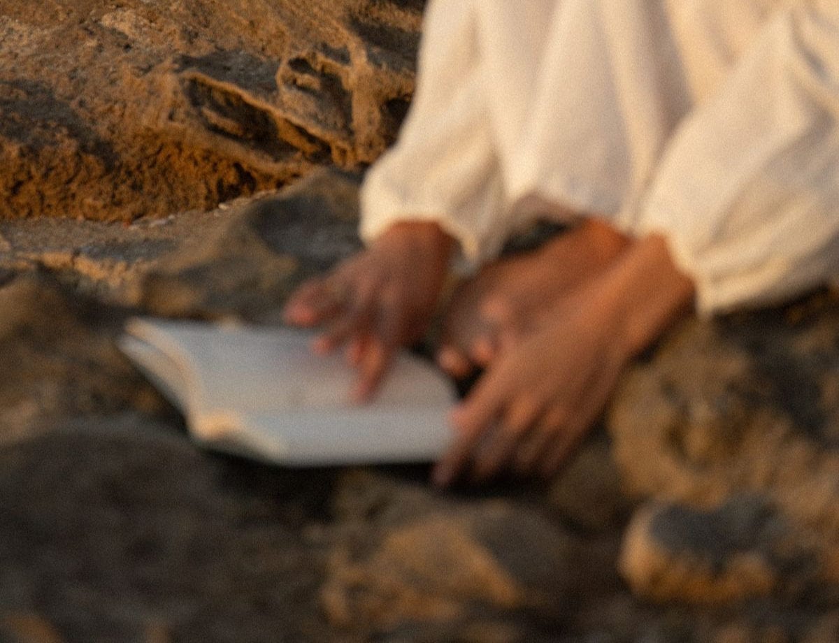 Hands resting on an open journal on sun-warmed rocks