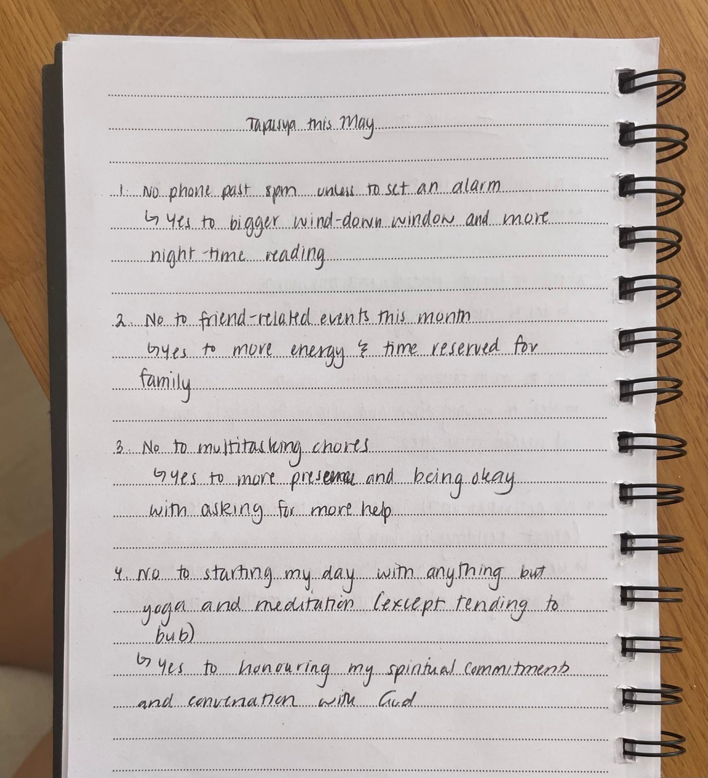 A handwritten list of no's in a journal
