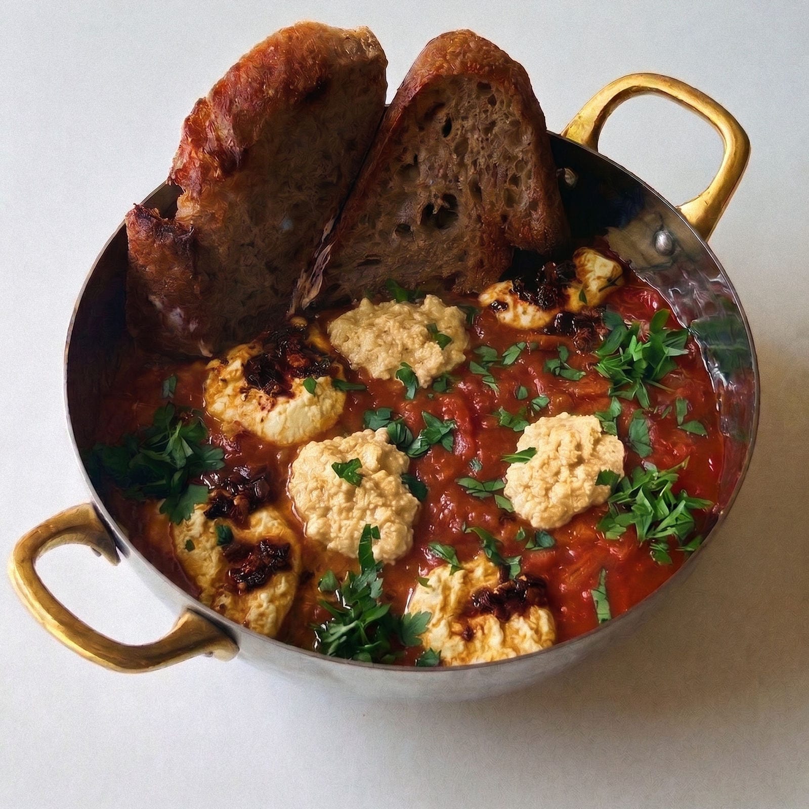Tofu shakshuka simmering in a skillet