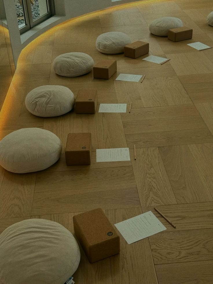 Meditation cushions and blocks arranged in a circle in a sunlit studio