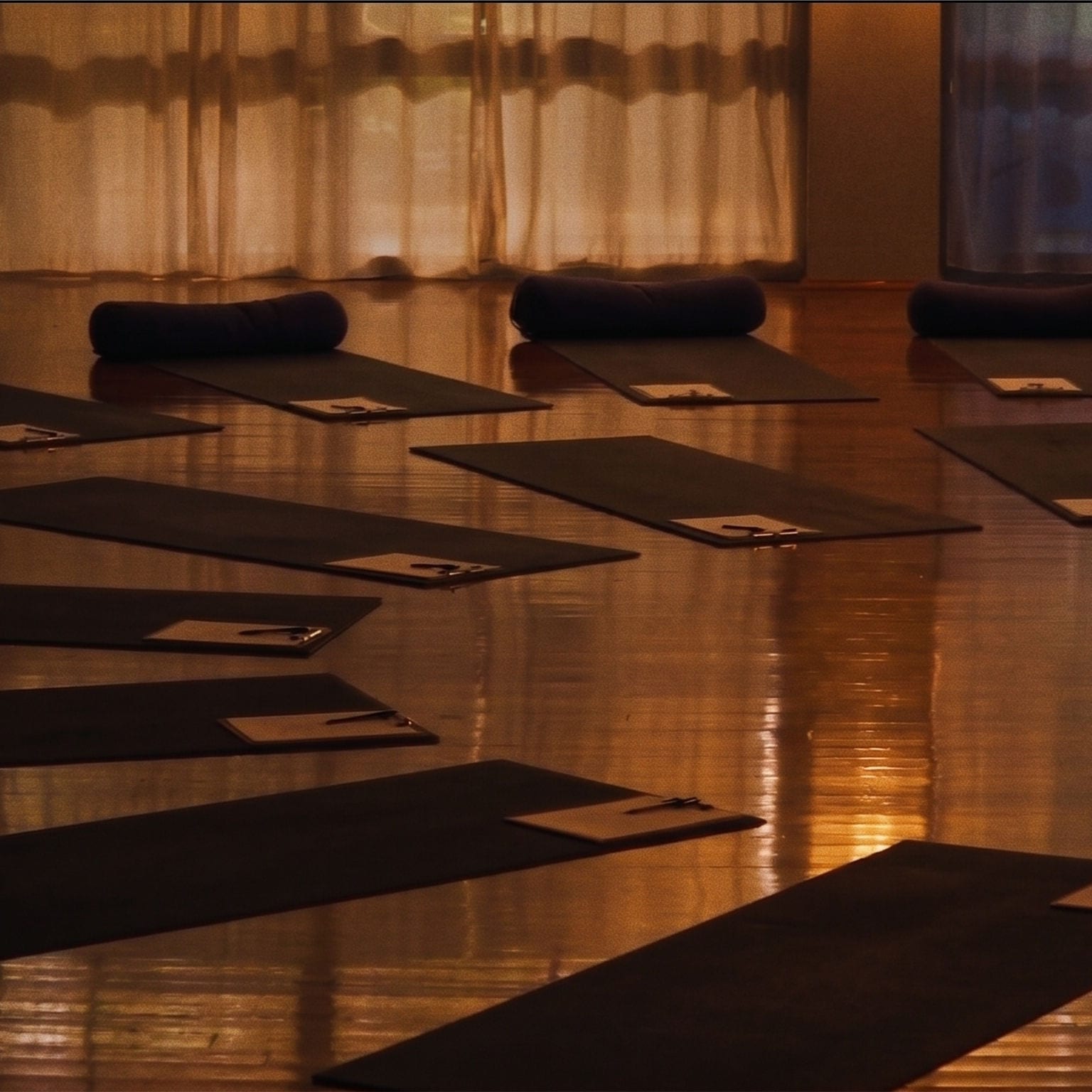 Yoga mats, bolsters and journals laid out in a softly lit, darkened studio