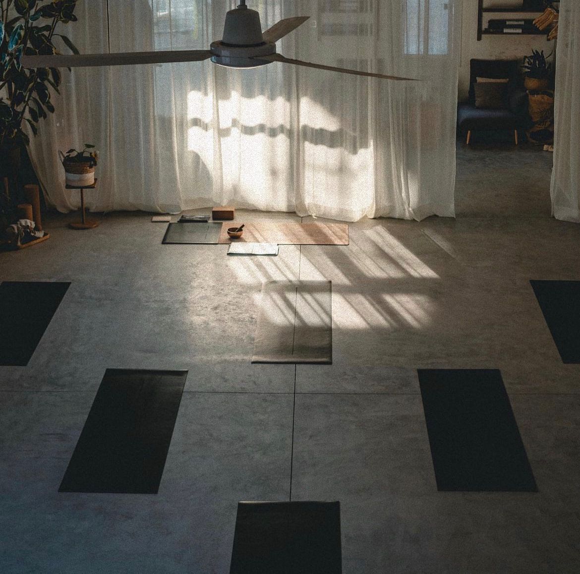 Morning light falling across yoga mats in an open studio