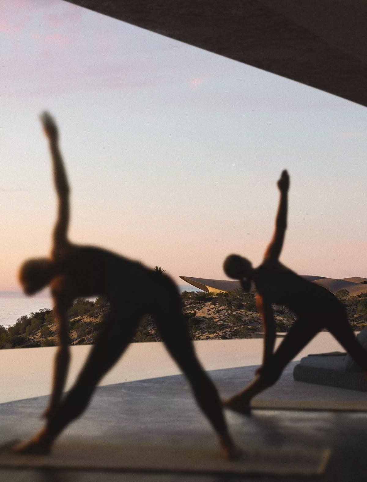Two people in triangle pose at sunset